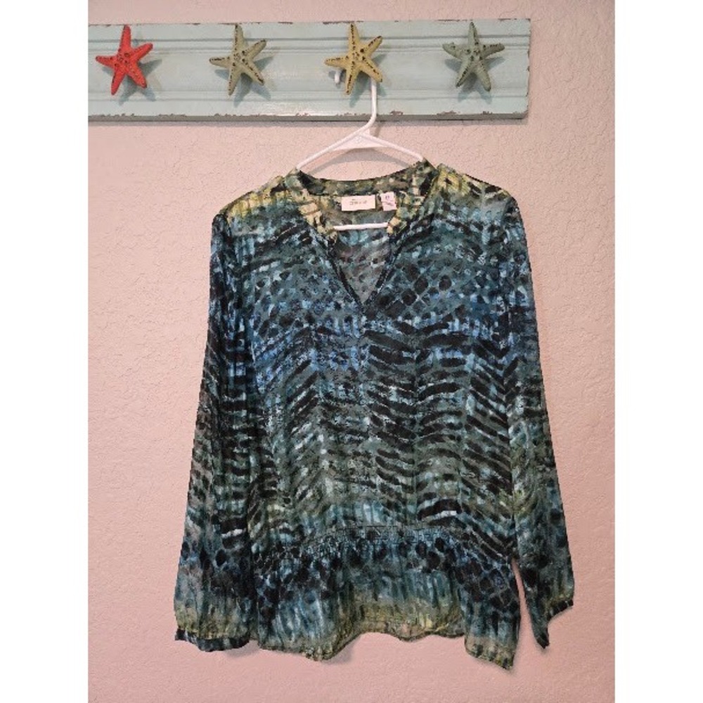 Chicos Womens Size 0 Small Abstract Animal Print Burnout Blouse Teal Green Top